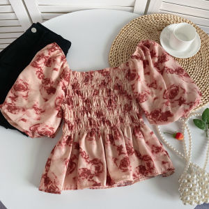 French Vintage Sweet Square Collar Bubble Sleeve Shirt Womens Short Floral Print Shirt 2023 Summer New Folded Plaid Design