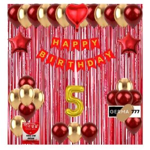 Set Dekorasi Backdrop Pesta Balon Ulang Tahun Anak Banner Happy Birthday Merah Tirai Foil Simple