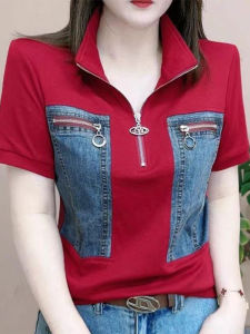 Fashionable Short Sleeve Denim Patchwork Womens T-shirt Loose Fit Slimming Style Zippered Summer 2024 New Arrival