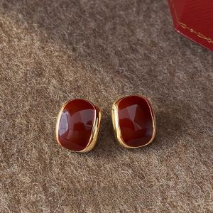 Retro Hong Kong Style Womens Red Drip Glaze Geometric Square Earrings Fashionable High-End Feelings Ear Jewelry Accessories