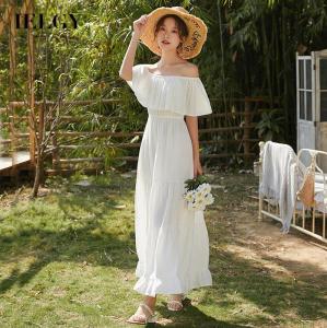 IELGY Womens dress beach long solid color casual simple one-shoulder versatile fashion