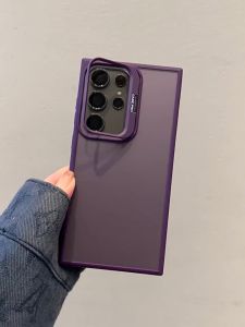 Invisible Lens Dudukan Frosted Anti-fingerprint Hard Shockproof Phone Case For Samsung Galaxy S24 Ultra S24+ S23 + S22 Plus A15 A14 A13 A25 A35 A34 A33 A55 A54 A53 A73 5G Matte Translucent Phone Casing Cover With Foldable Holder Stand