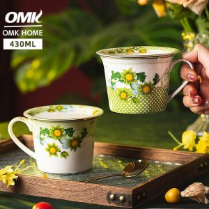 OMK European-style Luxury Bone China Mug With Lid 430ML Flared Breakfast Cup Ceramic Coffee Cup