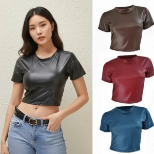 (Stock in KL-029) Matte Leather T-Shirt Women Slim Fit Navel Short Solid Color Crop Top