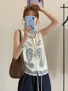 YUEZHONGWEI | New Chinese Style Heavy Embroidery Ice Silk Linen Knitted Vest Women Summer Outdoor Loose Slimming Sleeveless Top