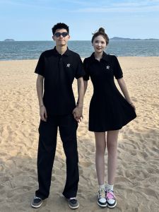 Summer Polo Dress Short Skirt Womens Short Sleeve Polo Dress High Waist A-Line Skirt Cotton Polyester Blend Casual Couple Outfit