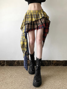 High Waist Asymmetrical Plaid Slimming Short Skirt for Women Vintage Style Polyester Fabric A-Line Silhouette Mini Skirt