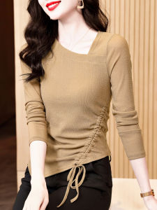 Shiny Mesh Base Shirt Women Long Sleeve 2025 Asymmetric Drawstring Elegance Small Shirt Inner Wear T-Shirt Lace Top