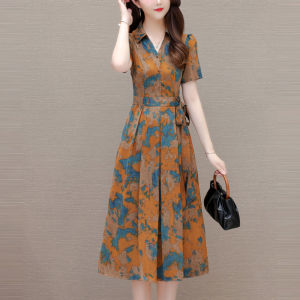 MAIMEI | ชุดเดรสยาวปานกลางพิมพ์ลายคอวีแขนสั้นสไตล์แม่ฤดูร้อน ชุดเดรสทรงเอเข้ารูปเอวสูง ผ้าโพลีเอสเตอร์ 95% สำหรับผู้หญิงวัย 40-49