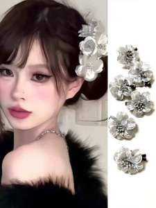 2024 New Silver Flower Japanese Style Hair Accessories Elegant Hairpins Side Bun Hair Clips Fashionable Hair Decorations