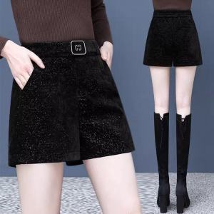 กางเกงขาสั้นผ้าขนกระต่ายทรงเอเอวสูงสำหรับผู้หญิง กางเกงขายาวทรงหลวมสำหรับใส่ลำลองในฤดูใบไม้ร่วงและฤดูหนาว กางเกงขายาวทรงเอสำหรับใส่ลำลอง