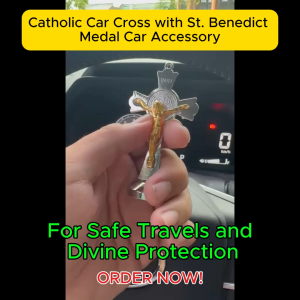 Catholic Car Cross with St. Benedict Medal – Gold & Silver Dashboard Crucifix for Protection