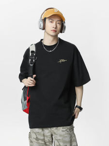 Hand-Painted Letter Print Cotton T-Shirt Mens Summer New Loose round Neck Shoulder-Down American Simple Style Casual Top