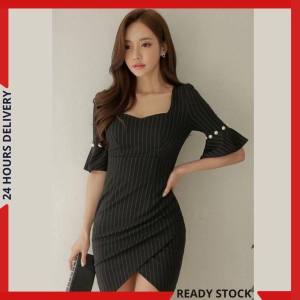 CFBOUTIQUE Korean Style Trendy Women Fashion Pearl Embellished Ladies Summer 3/4 Sleeve Dinner Party Dress