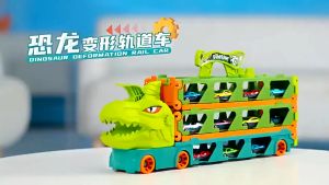 Đồ Chơi Xe Đua Cầu Trượt Cao Cấp Xe Khủng Long Nuốt Ô Tô gồm 6 Xe Kim Loại Cho Bé từ 3+