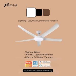 [CDC SG60] Yes Wifi - Yes-Basic Install - BESTAR VESTA Ceiling Fan DC Motor 36W LED Light Dimmable Google Tuya Smart Life Great Wind Spread 42/52in