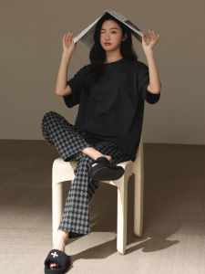 me home wear | Cotton Thin Fashion Summer Pajama Set Plaid Pants