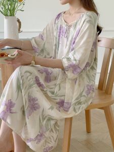 Summer Thin Beach Midi Silk Sleepwear Womens Artificial Cotton Home Clothes Large Size Floral Print round Neck mid Sleeve