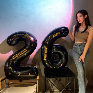 ลูกโป่งดิจิตอลสีดำขนาด 40 นิ้ว พร้อมสติกเกอร์สุขสันต์วันเกิดสีทอง ของตกแต่งงานวันเกิด อุปกรณ์ประกอบฉากถ่ายรูป