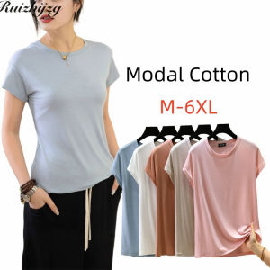 Ruizhijzg Puls M-6XL Women's Bamboo Fiber Short Sleeve T Shirts Summer Ladies Girls Round Neck Slim Tank Top Female Home Wear Out Wear Sport Modal Cotton Vest Top Plain Color