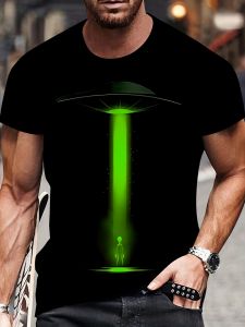 Best-selling Summer New-style Mens Black Casual Short-sleeved T-shirt Featuring A Bright Green "UFO Alien" 3D Pattern Print