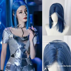 ผมปลอมสีน้ำเงินสำหรับผู้หญิง ปมลูกไม้ทั้งหัว ทรงสั้นตรง สไตล์ธรรมชาติ เหมาะกับผู้หญิง วัสดุเส้นผมสังเคราะห์สูง หน้าแบ่งกลาง