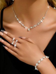 4-Piece Womens Flower Necklace with Earrings and Bracelet Set Wedding Party Accessories