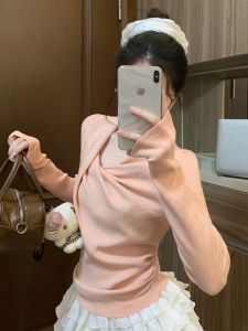 Womens Long Sleeve Knitted Top Slim Fit Waist Cinched Pink Base Shirt Design Sense Elegant Style Commute Simple Style