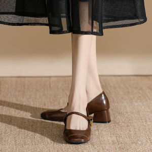 รองเท้าส้นสูงหัวเหลี่ยมสไตล์ฝรั่งเศส Mary Janes สำหรับผู้หญิง รองเท้าส้นแบนแบบสวมหัวเหลี่ยมส้นหนา รองเท้าแฟชั่นฤดูใบไม้ผลิและฤดูใบไม้ร่วง