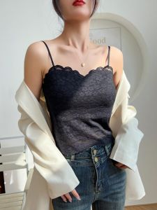 Black Lace Strap Vest Womens Inner Wear Base Layer Outerwear with Chest Pad Beautiful Back Bra One Piece Short Sleeveless Top