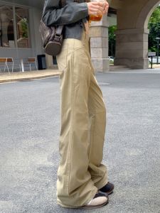 QIAOMIDUO | Kaki Color Bell Bottom Pants Womens Design Sensation Autumn Winter Casual Trousers Light Color High Waist Long Cotton Pants