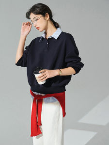 Retro Loose Fit Polo Collar Layered Look Sweater for Women
