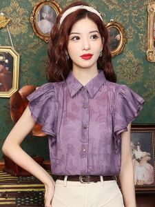 เสื้อเชิ้ตผ้าชีฟองแขนสั้นสไตล์ฝรั่งเศสสำหรับผู้หญิงในช่วงฤดูร้อนปี 2024 ดีไซน์เยาวชนพร้อมขอบลูกไม้ เสื้อผ้าทำงานแบบหลวมๆ