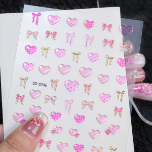 1Pcs 5D Valentines Day Nail Art Stickers Pink&Gold Heart with Bow Design Self-Adhesive Manicure Decals for Romantic Nail Decor