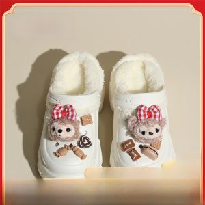 Womens Winter Fleece Lined Removable Slippers Black Outdoor Wear Increased Cotton Slippers Plush High Heel Removable