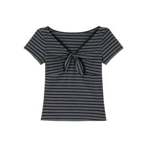 V-Neck Ribbon Lace Short Sleeve T-Shirt