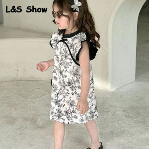 LS Show Summer Dress Girl Baby Chinese Elegant Flying Sleeves Fragment Flower Dress Little Girl Dress