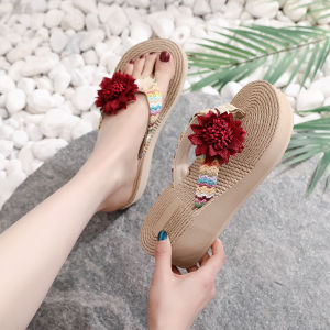 Summer 2021 High-Heeled Sandals Fashionable Outdoor Travel Beachwear Womens Flat Bottom Woven Footwear Floral Embroidery