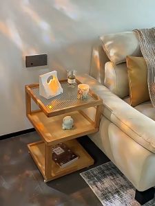 Solid Wood Coffee Table Bedside Cabinet With Wheels minimalist Storage Rack Glass Small Square Table