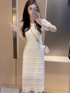 Chic Lace Short Sleeve Dress Womens Summer Fashionable Beautiful Small Size Slimming Long Dress Casual Style round Neck Dress