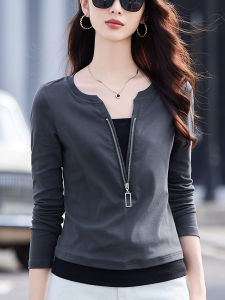 Pure Cotton Gray V-neck Long-Sleeve Zipper T-shirt Womens Spring & Fall New Arrival Slim Fit Patchwork Slimming False Two-Piece Tops Bottoming Shirt