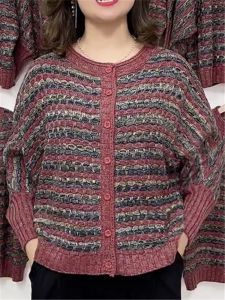 Retro Lazy Style Striped Mom Long Sleeve Knitted Open Cardigan Autumn Loose plus Size Casual Outerwear Womens Fashion