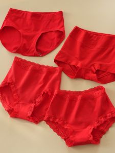 New Year Red Womens Pure Cotton Underwear Double Sole Crotch Mid-High Waist Lace Breathable Stretch Briefs All Year Round