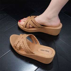 Womens Summer Outdoor Wear Heel Heightening Casual Anti-slip Thick Bottom Sandals PVC Upper High Heel Slope Heel Slippers