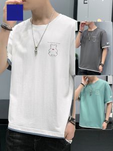 ROMON | Lormen Mens Ice Silk Short Sleeve T-Shirt Summer Thin Print Round Neck Half Sleeve Pure Cotton Cool Feeling Fashion Urban Style