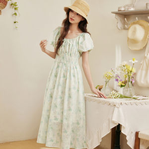 BY IHAPPY | Đầm A-line Dáng Ôm eo Tay Ngắn Cổ Vuông Cotton