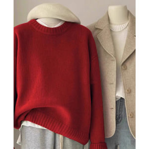 Áo Len Dệt Kim Dày Màu Vàng Mềm Mại Cho Nữ Áo Khoác Ngoài Mùa Thu Đông Áo Len Cổ Tròn Dáng Rộng Thoải Mái Áo Len Dệt Kim