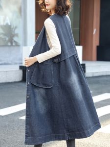 Blue Summer Vest Dress Oversized Long Denim Sleeveless Outerwear Womens Fashion Spring Autumn New Style with Big Pockets