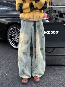 Street Style Mens Workwear Jeans Spring Autumn Dirt Dyed Wide Leg Loose Fit Tapered Leg Casual Straight Cut Denim Pants