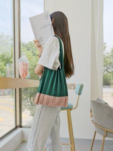 Foldable Knitted Accordion Shoulder Bag Simple Korean Style Tote Bag with Pleats Aran Crochet Material Soft Polyester Lining